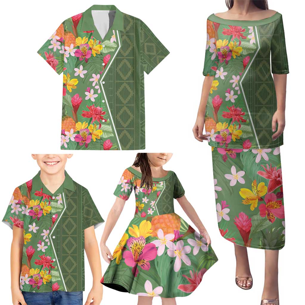 Africa Tropical Flowers Family Matching Puletasi and Hawaiian Shirt Green Version - Wonder Print Shop