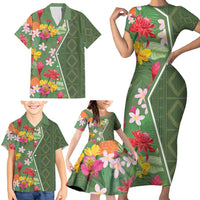 Africa Tropical Flowers Family Matching Short Sleeve Bodycon Dress and Hawaiian Shirt Green Version - Wonder Print Shop