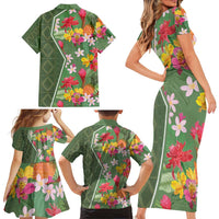 Africa Tropical Flowers Family Matching Short Sleeve Bodycon Dress and Hawaiian Shirt Green Version - Wonder Print Shop