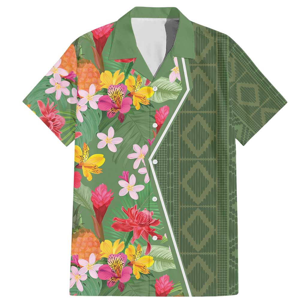 Africa Tropical Flowers Family Matching Short Sleeve Bodycon Dress and Hawaiian Shirt Green Version - Wonder Print Shop