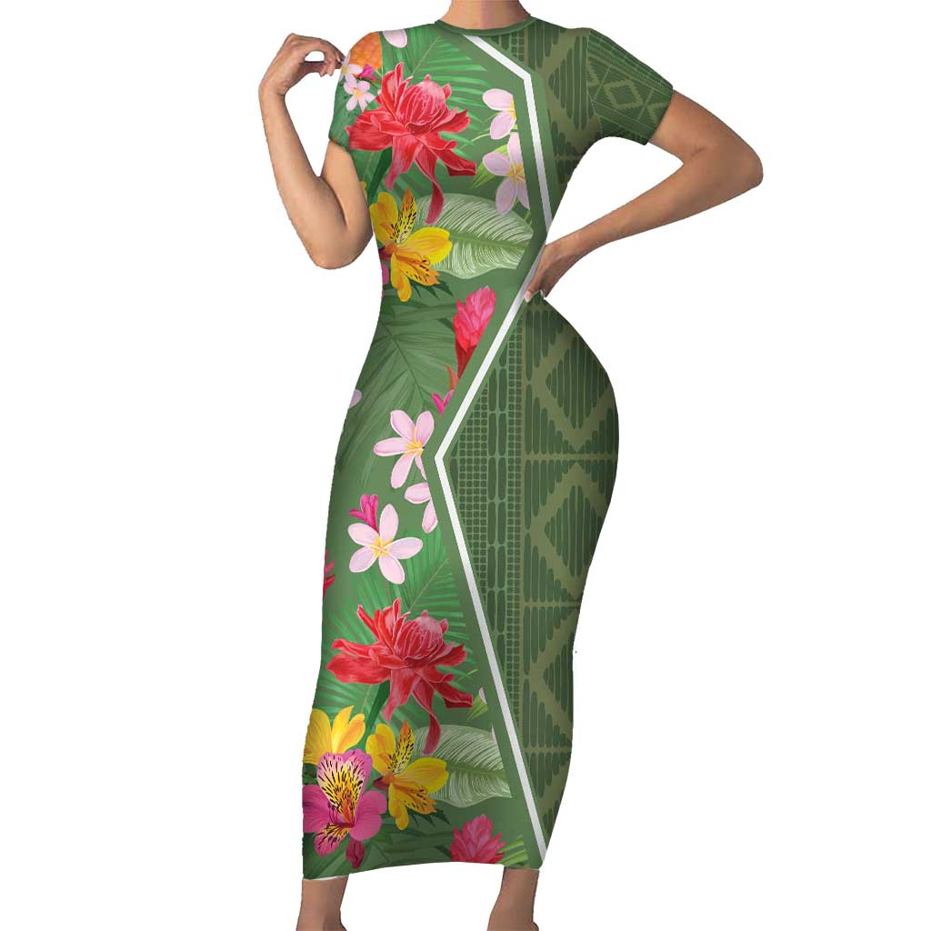 Africa Tropical Flowers Family Matching Short Sleeve Bodycon Dress and Hawaiian Shirt Green Version - Wonder Print Shop