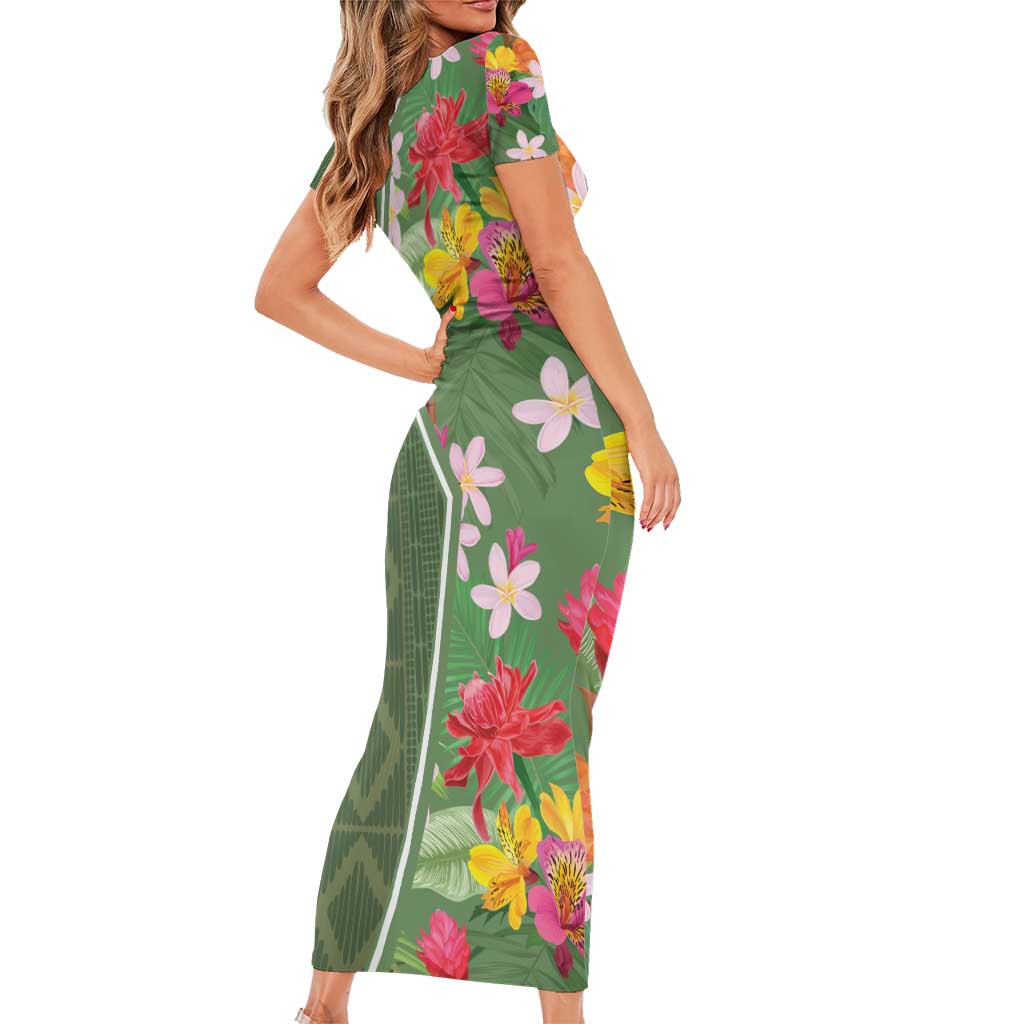 Africa Tropical Flowers Family Matching Short Sleeve Bodycon Dress and Hawaiian Shirt Green Version - Wonder Print Shop