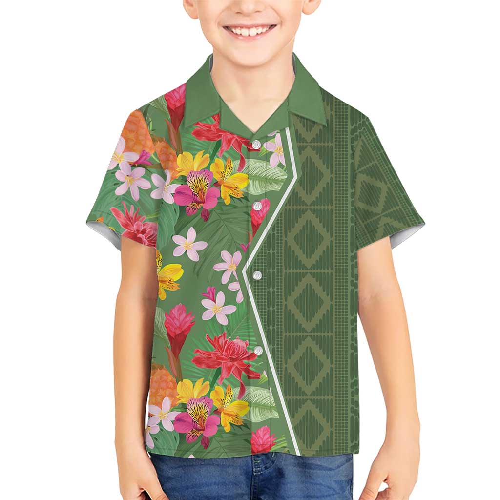 Africa Tropical Flowers Family Matching Short Sleeve Bodycon Dress and Hawaiian Shirt Green Version - Wonder Print Shop