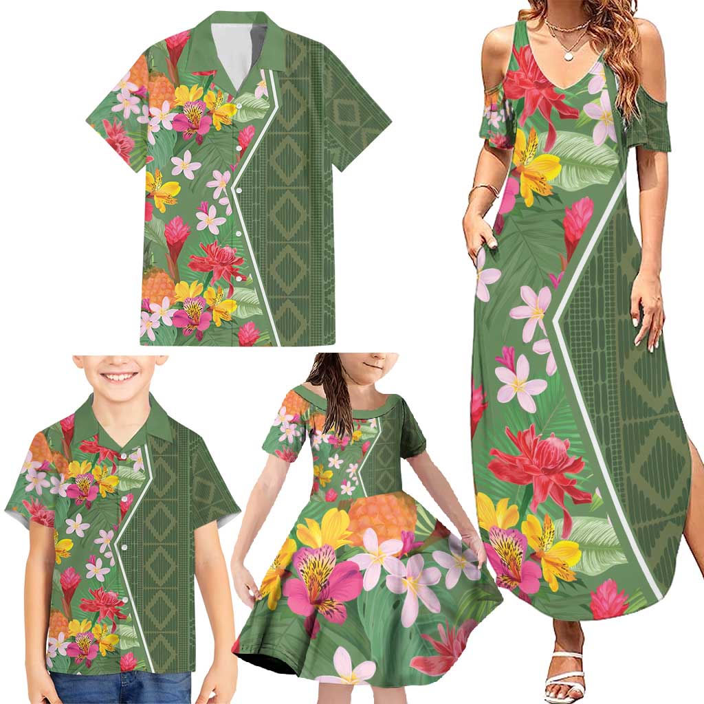 Africa Tropical Flowers Family Matching Summer Maxi Dress and Hawaiian Shirt Green Version - Wonder Print Shop