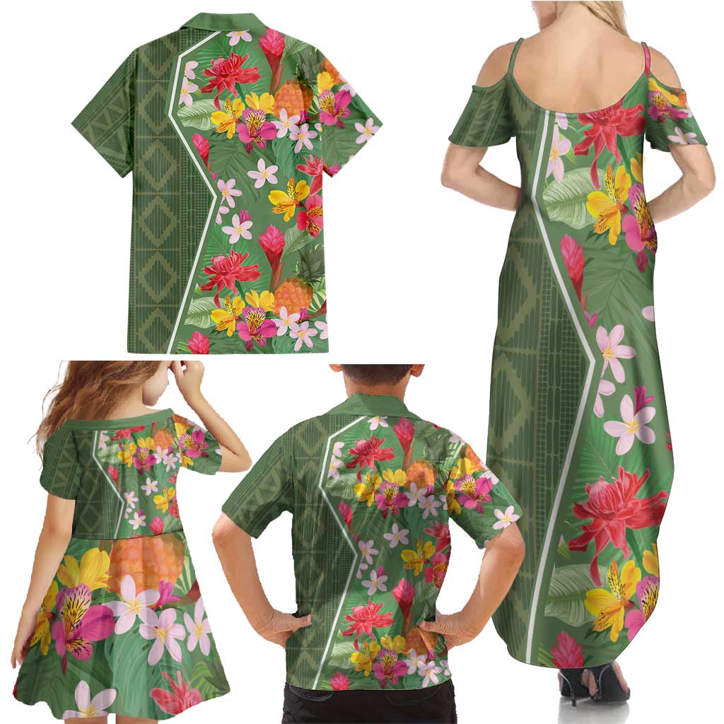 Africa Tropical Flowers Family Matching Summer Maxi Dress and Hawaiian Shirt Green Version - Wonder Print Shop