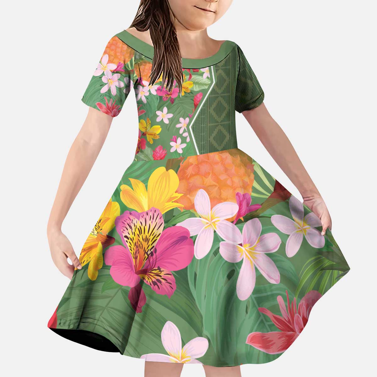 Africa Tropical Flowers Kid Short Sleeve Dress Green Version - Wonder Print Shop
