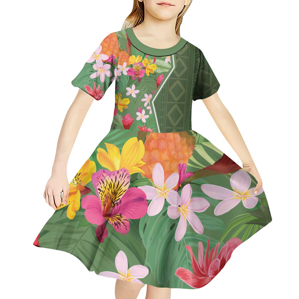 Africa Tropical Flowers Kid Short Sleeve Dress Green Version - Wonder Print Shop