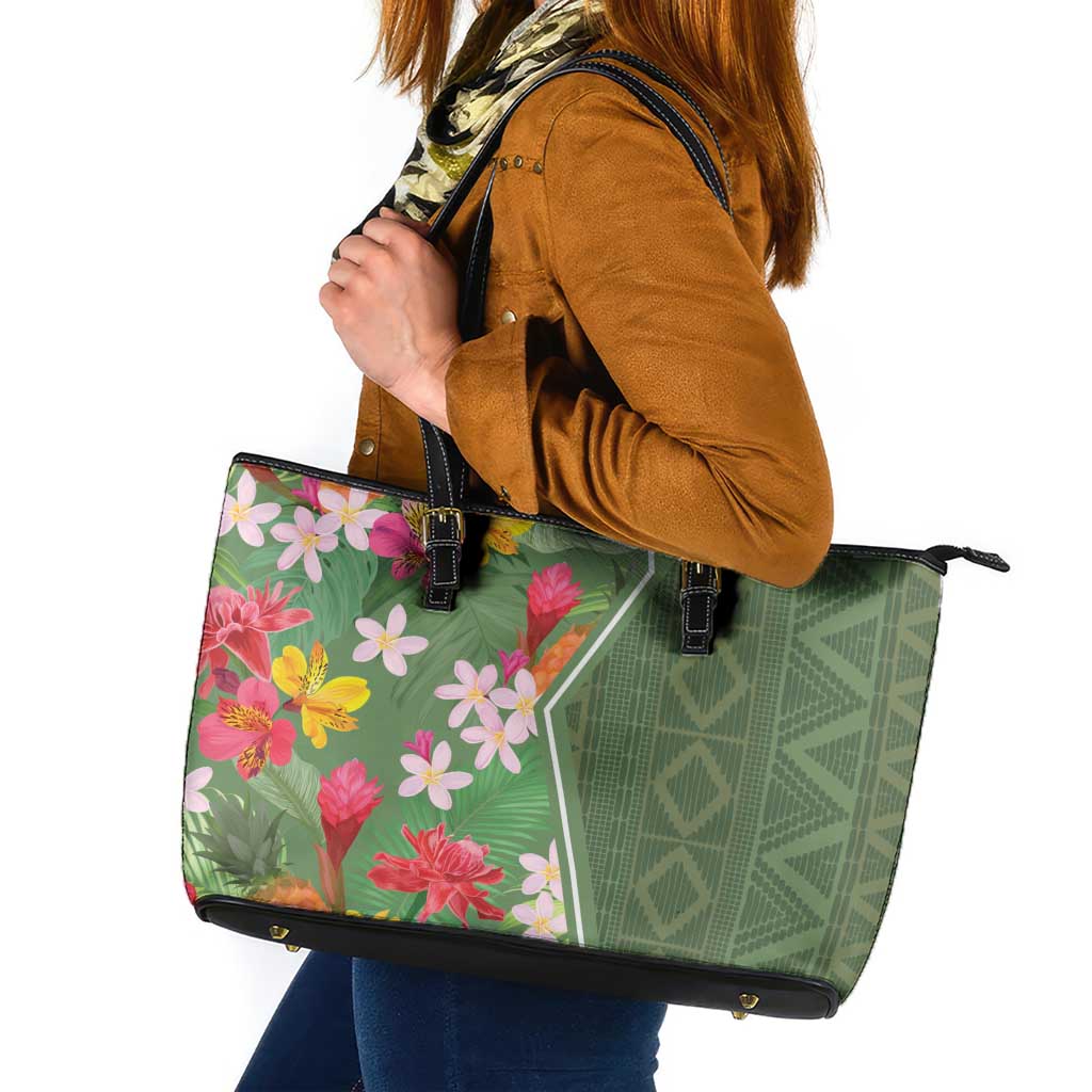 Africa Tropical Flowers Leather Tote Bag Green Version - Wonder Print Shop