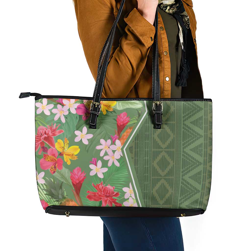 Africa Tropical Flowers Leather Tote Bag Green Version - Wonder Print Shop
