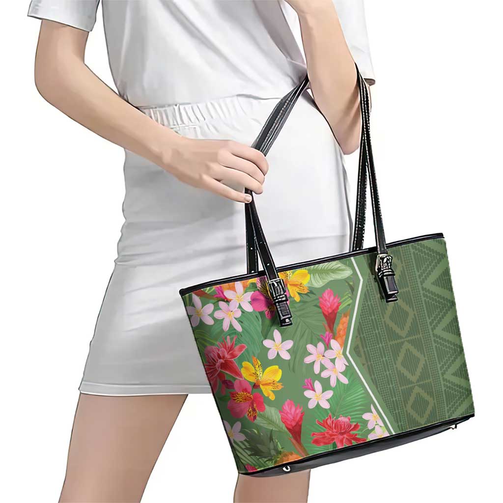 Africa Tropical Flowers Leather Tote Bag Green Version - Wonder Print Shop