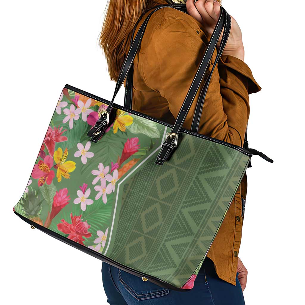 Africa Tropical Flowers Leather Tote Bag Green Version - Wonder Print Shop