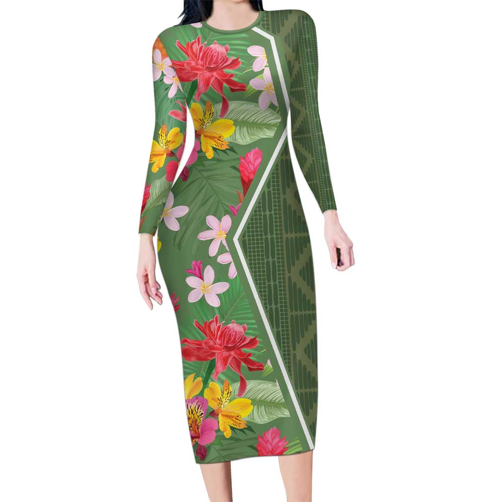 Africa Tropical Flowers Long Sleeve Bodycon Dress Green Version - Wonder Print Shop