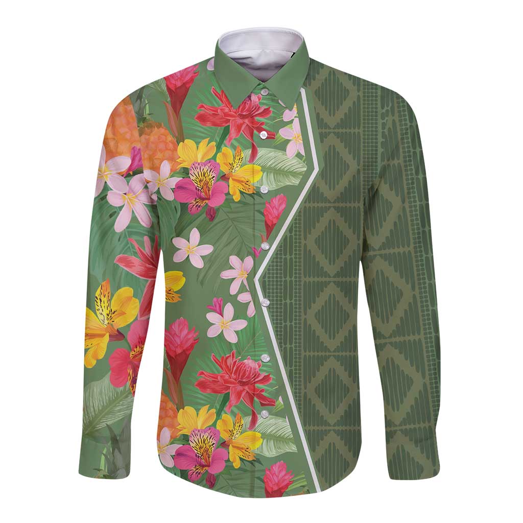 Africa Tropical Flowers Long Sleeve Button Shirt Green Version - Wonder Print Shop