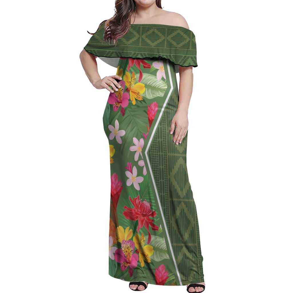 Africa Tropical Flowers Off Shoulder Maxi Dress Green Version - Wonder Print Shop