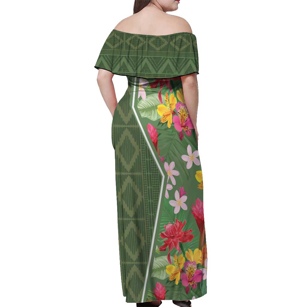 Africa Tropical Flowers Off Shoulder Maxi Dress Green Version - Wonder Print Shop