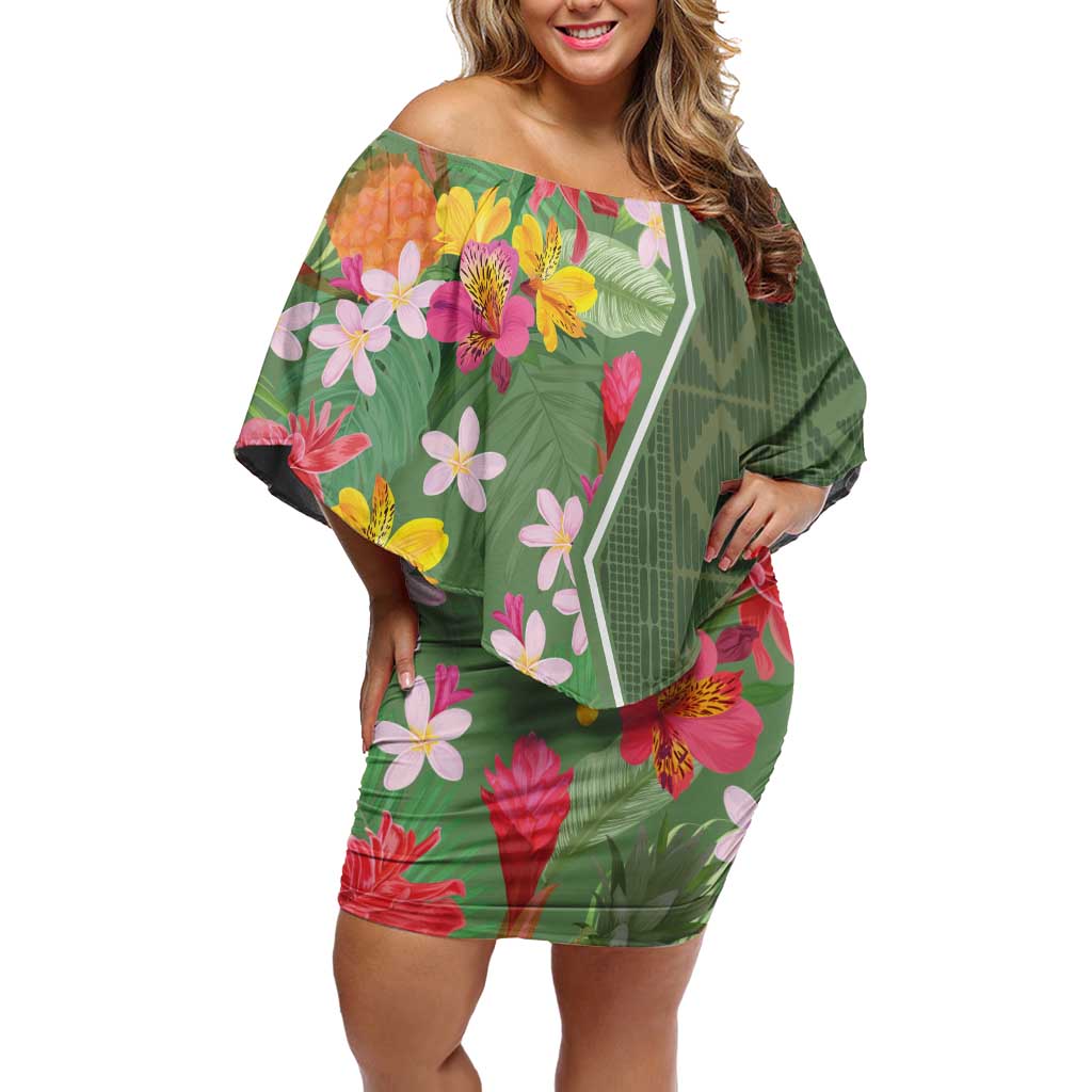 Africa Tropical Flowers Off Shoulder Short Dress Green Version - Wonder Print Shop