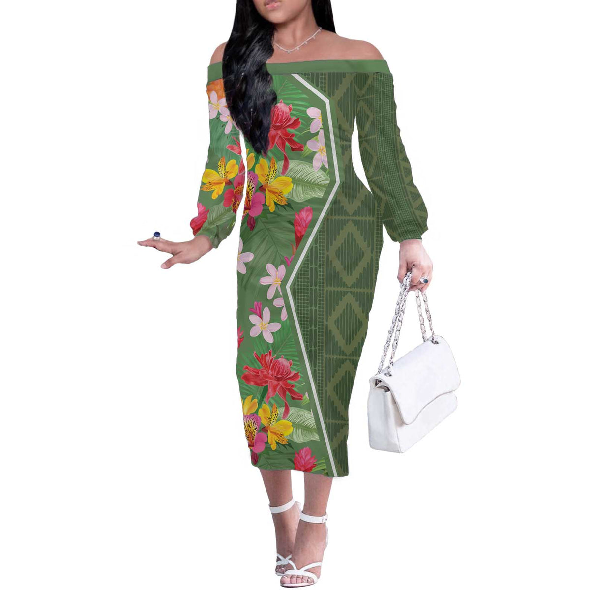 Africa Tropical Flowers Off The Shoulder Long Sleeve Dress Green Version - Wonder Print Shop