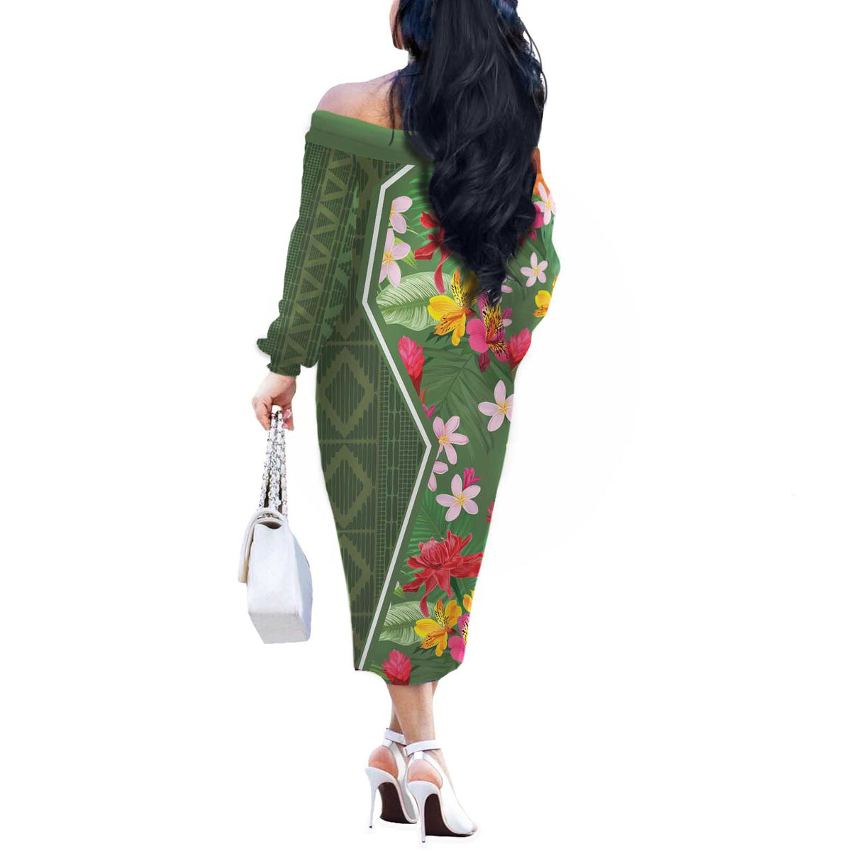 Africa Tropical Flowers Off The Shoulder Long Sleeve Dress Green Version - Wonder Print Shop
