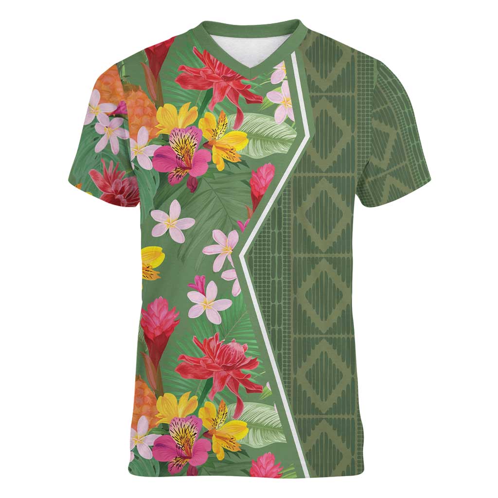 Africa Tropical Flowers Women V-Neck T-Shirt Green Version - Wonder Print Shop