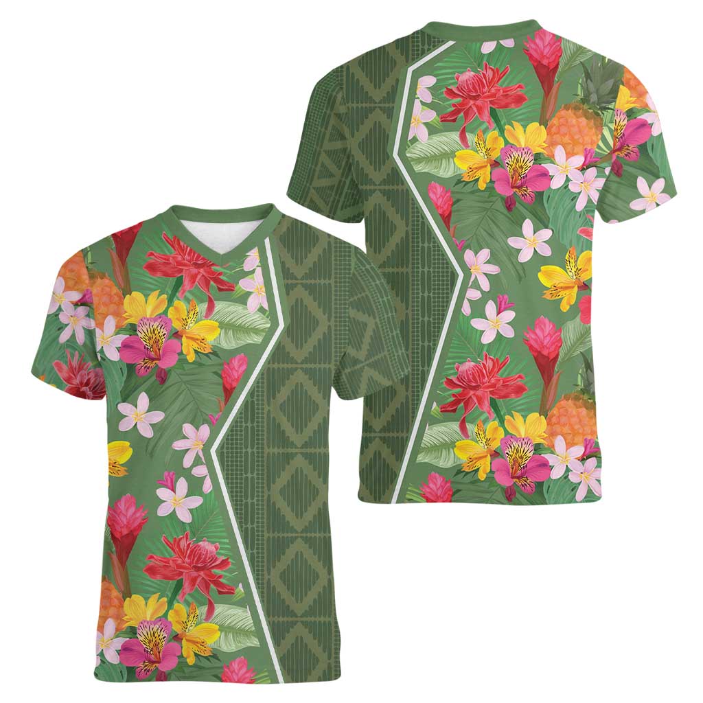 Africa Tropical Flowers Women V-Neck T-Shirt Green Version - Wonder Print Shop