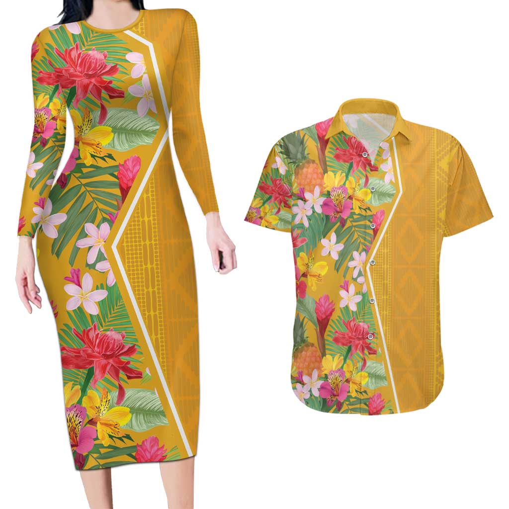 Africa Tropical Flowers Couples Matching Long Sleeve Bodycon Dress and Hawaiian Shirt Yellow Version - Wonder Print Shop