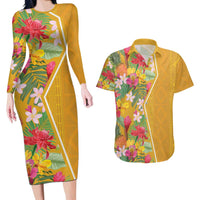 Africa Tropical Flowers Couples Matching Long Sleeve Bodycon Dress and Hawaiian Shirt Yellow Version - Wonder Print Shop