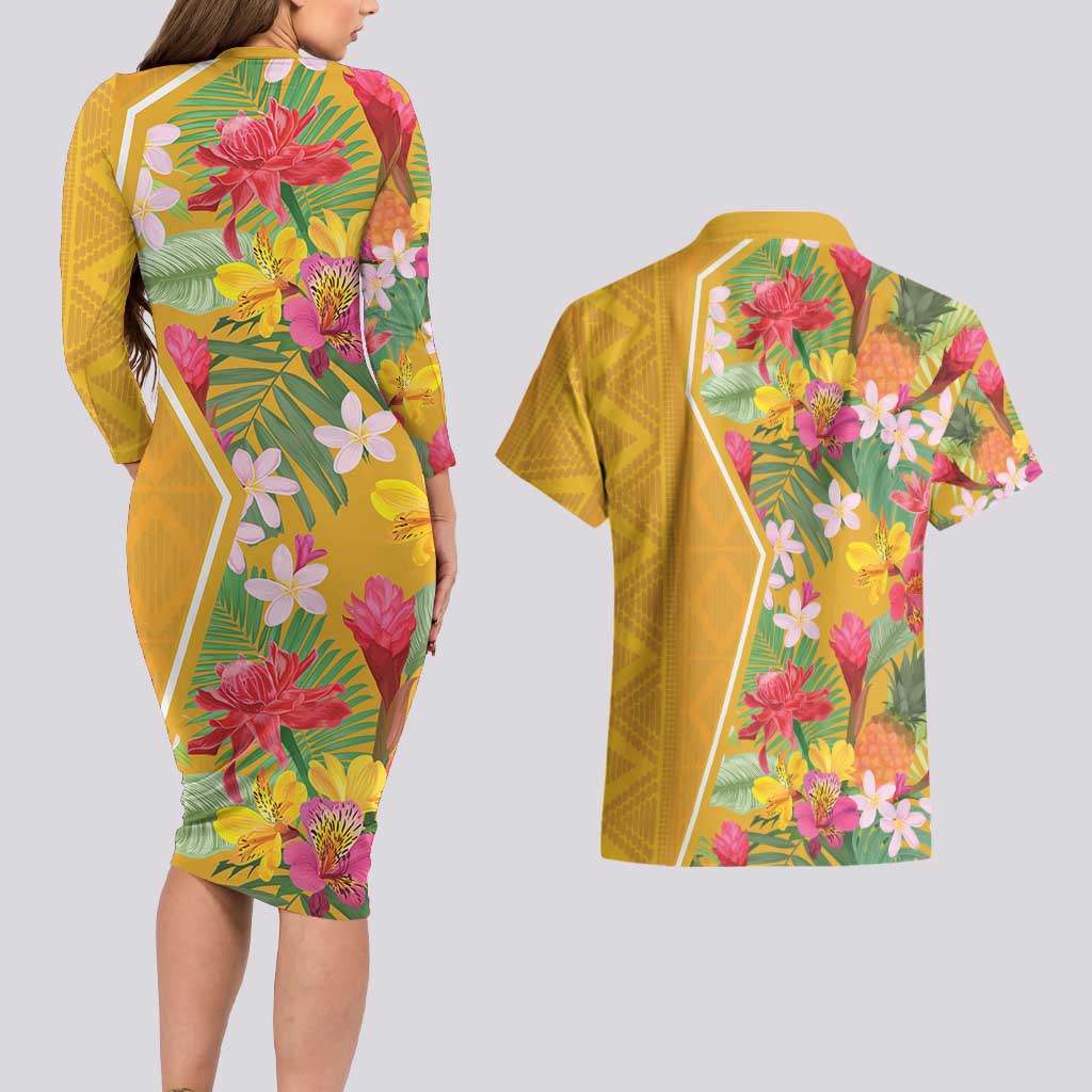 Africa Tropical Flowers Couples Matching Long Sleeve Bodycon Dress and Hawaiian Shirt Yellow Version - Wonder Print Shop