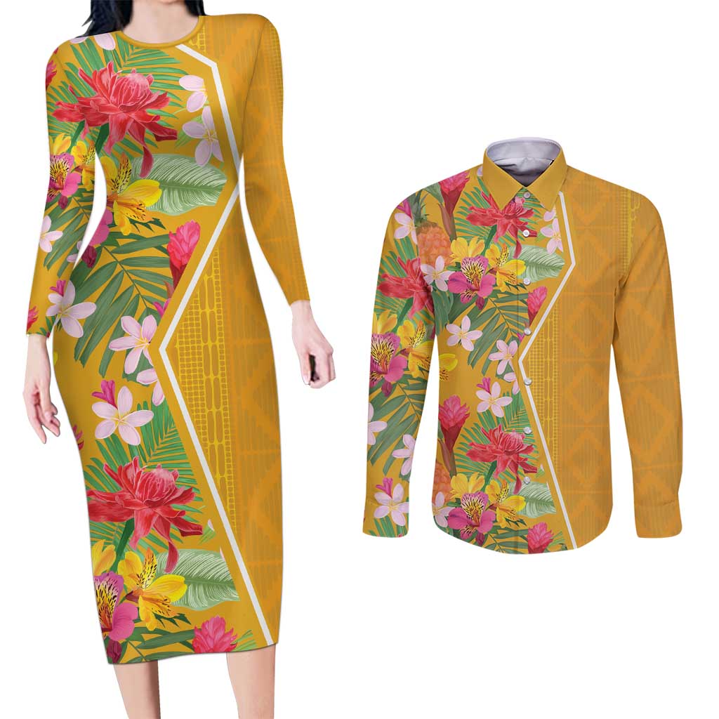 Africa Tropical Flowers Couples Matching Long Sleeve Bodycon Dress and Long Sleeve Button Shirt Yellow Version - Wonder Print Shop