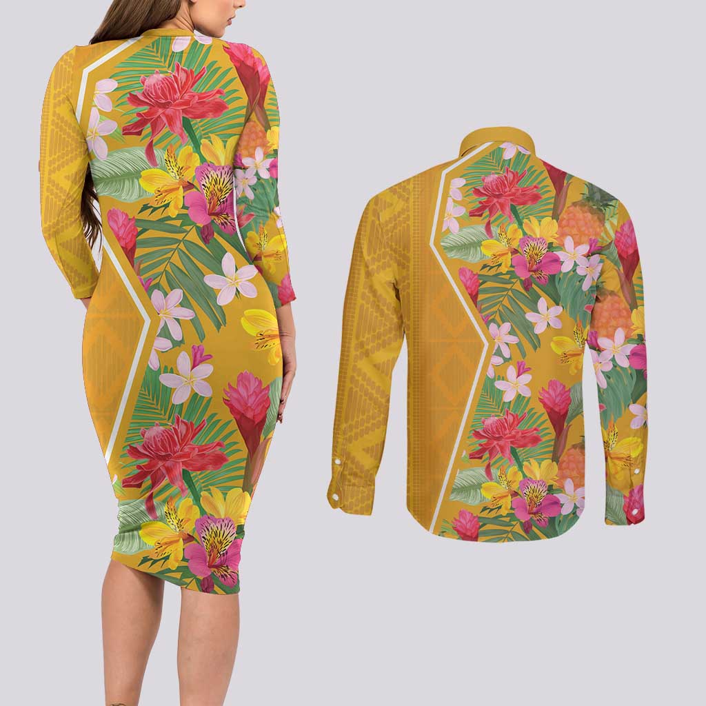 Africa Tropical Flowers Couples Matching Long Sleeve Bodycon Dress and Long Sleeve Button Shirt Yellow Version - Wonder Print Shop