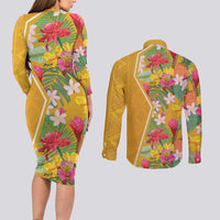 Africa Tropical Flowers Couples Matching Long Sleeve Bodycon Dress and Long Sleeve Button Shirt Yellow Version - Wonder Print Shop