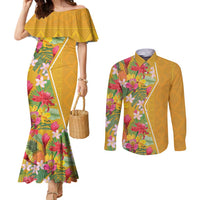 Africa Tropical Flowers Couples Matching Mermaid Dress and Long Sleeve Button Shirt Yellow Version