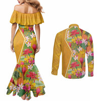 Africa Tropical Flowers Couples Matching Mermaid Dress and Long Sleeve Button Shirt Yellow Version