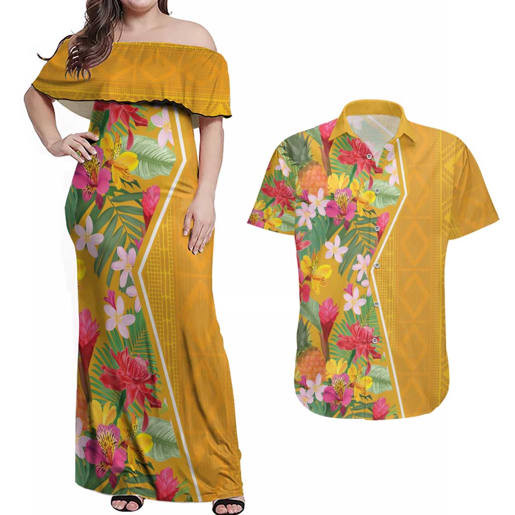 Africa Tropical Flowers Couples Matching Off Shoulder Maxi Dress and Hawaiian Shirt Yellow Version - Wonder Print Shop