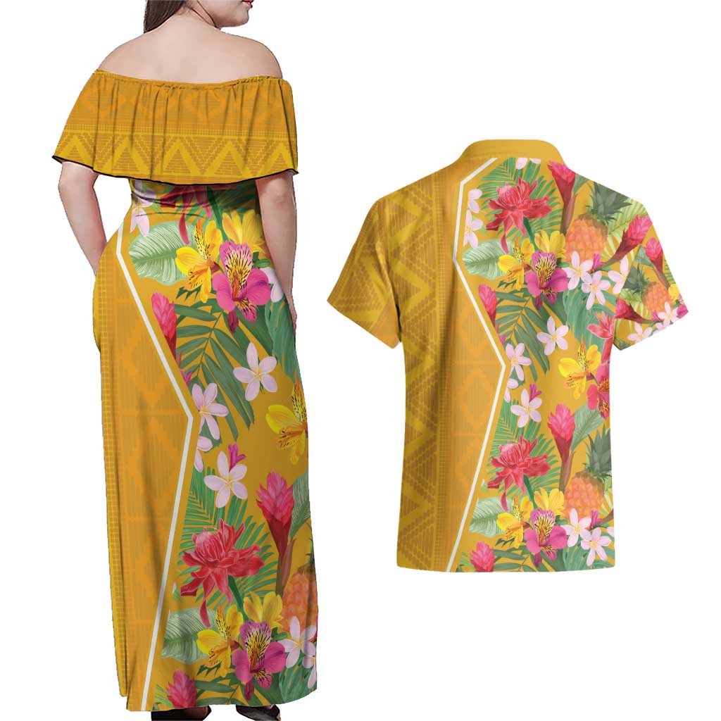 Africa Tropical Flowers Couples Matching Off Shoulder Maxi Dress and Hawaiian Shirt Yellow Version - Wonder Print Shop