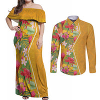 Africa Tropical Flowers Couples Matching Off Shoulder Maxi Dress and Long Sleeve Button Shirt Yellow Version - Wonder Print Shop