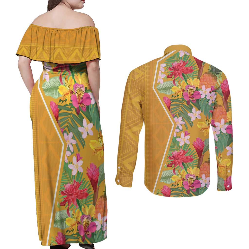 Africa Tropical Flowers Couples Matching Off Shoulder Maxi Dress and Long Sleeve Button Shirt Yellow Version - Wonder Print Shop