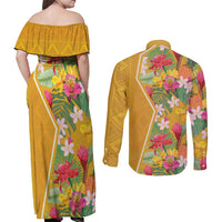 Africa Tropical Flowers Couples Matching Off Shoulder Maxi Dress and Long Sleeve Button Shirt Yellow Version - Wonder Print Shop
