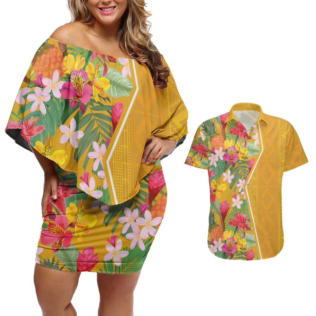 Africa Tropical Flowers Couples Matching Off Shoulder Short Dress and Hawaiian Shirt Yellow Version - Wonder Print Shop