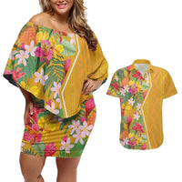 Africa Tropical Flowers Couples Matching Off Shoulder Short Dress and Hawaiian Shirt Yellow Version - Wonder Print Shop