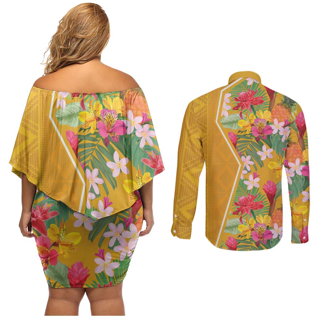 Africa Tropical Flowers Couples Matching Off Shoulder Short Dress and Long Sleeve Button Shirt Yellow Version - Wonder Print Shop