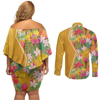 Africa Tropical Flowers Couples Matching Off Shoulder Short Dress and Long Sleeve Button Shirt Yellow Version - Wonder Print Shop