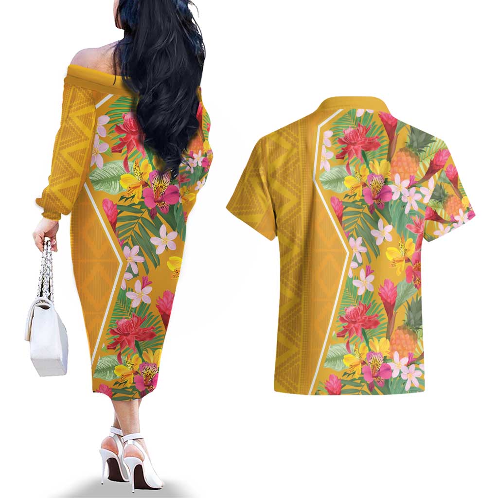Africa Tropical Flowers Couples Matching Off The Shoulder Long Sleeve Dress and Hawaiian Shirt Yellow Version - Wonder Print Shop