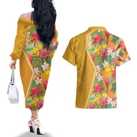 Africa Tropical Flowers Couples Matching Off The Shoulder Long Sleeve Dress and Hawaiian Shirt Yellow Version - Wonder Print Shop