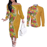 Africa Tropical Flowers Couples Matching Off The Shoulder Long Sleeve Dress and Long Sleeve Button Shirt Yellow Version