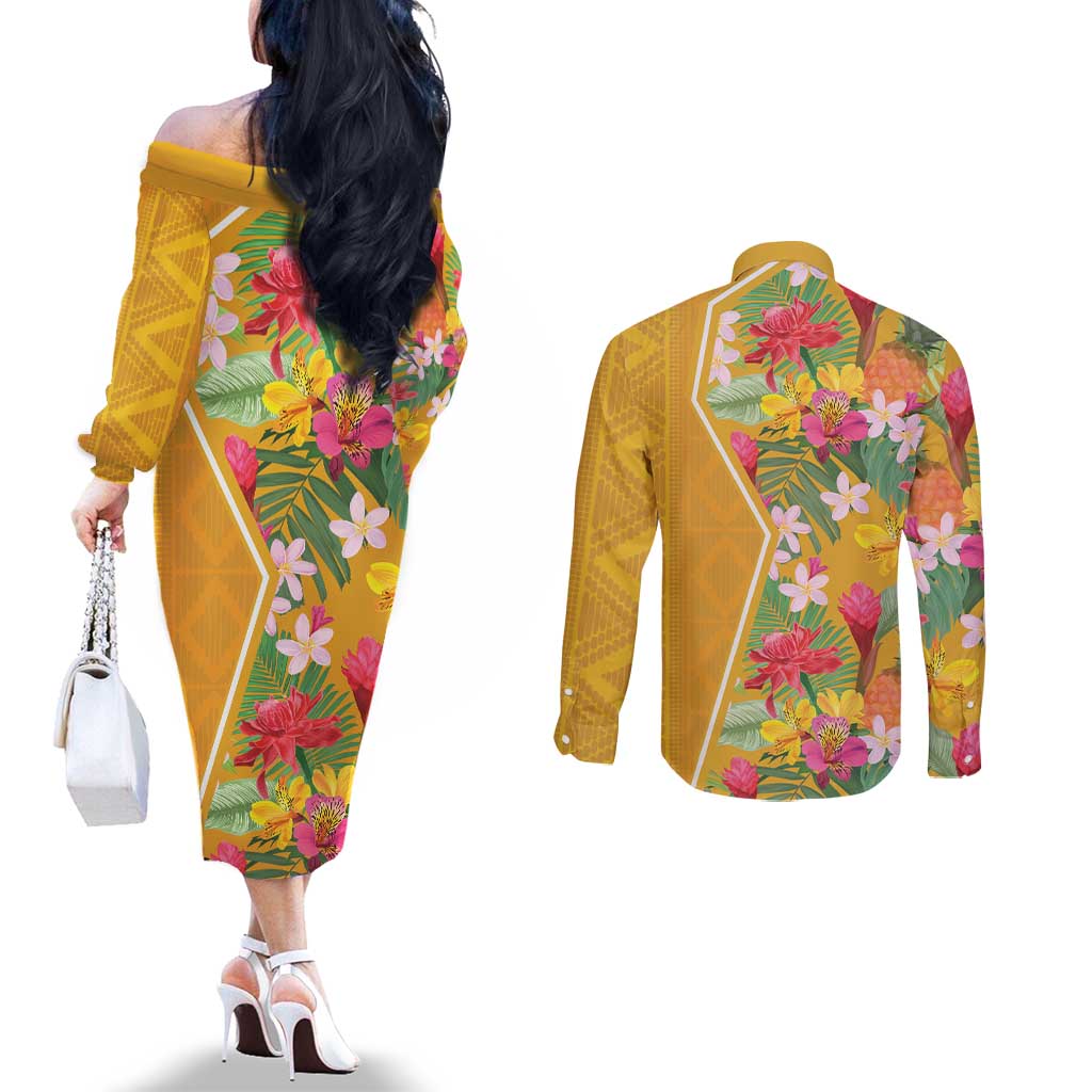 Africa Tropical Flowers Couples Matching Off The Shoulder Long Sleeve Dress and Long Sleeve Button Shirt Yellow Version