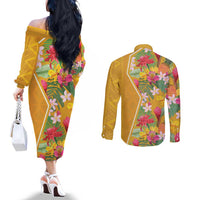 Africa Tropical Flowers Couples Matching Off The Shoulder Long Sleeve Dress and Long Sleeve Button Shirt Yellow Version