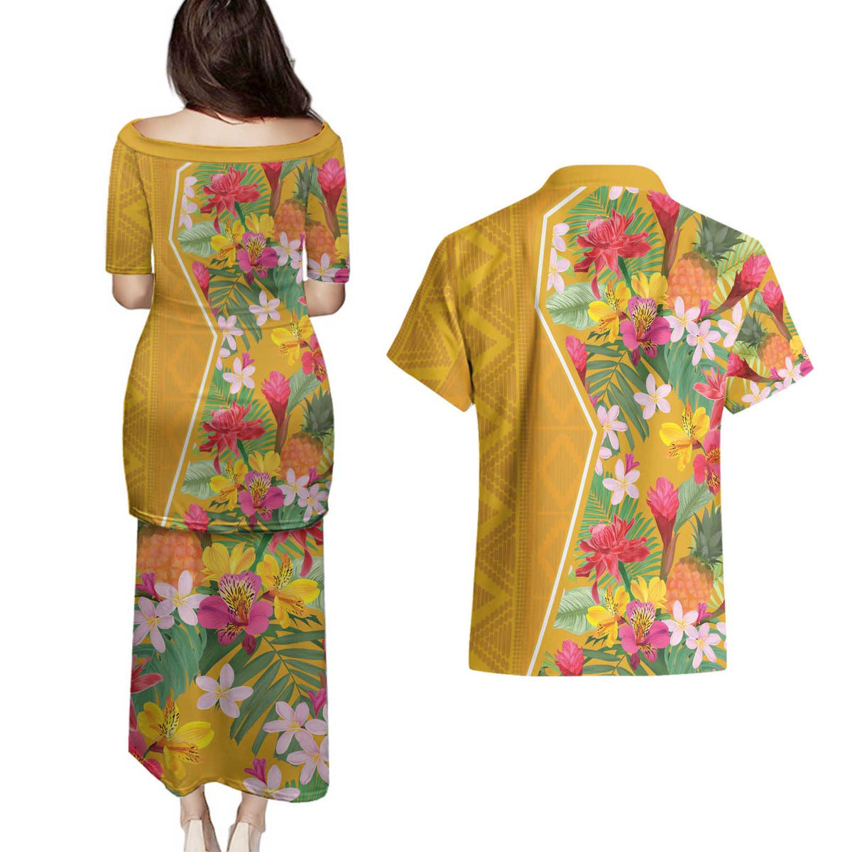 Africa Tropical Flowers Couples Matching Puletasi and Hawaiian Shirt Yellow Version - Wonder Print Shop