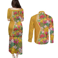 Africa Tropical Flowers Couples Matching Puletasi and Long Sleeve Button Shirt Yellow Version - Wonder Print Shop