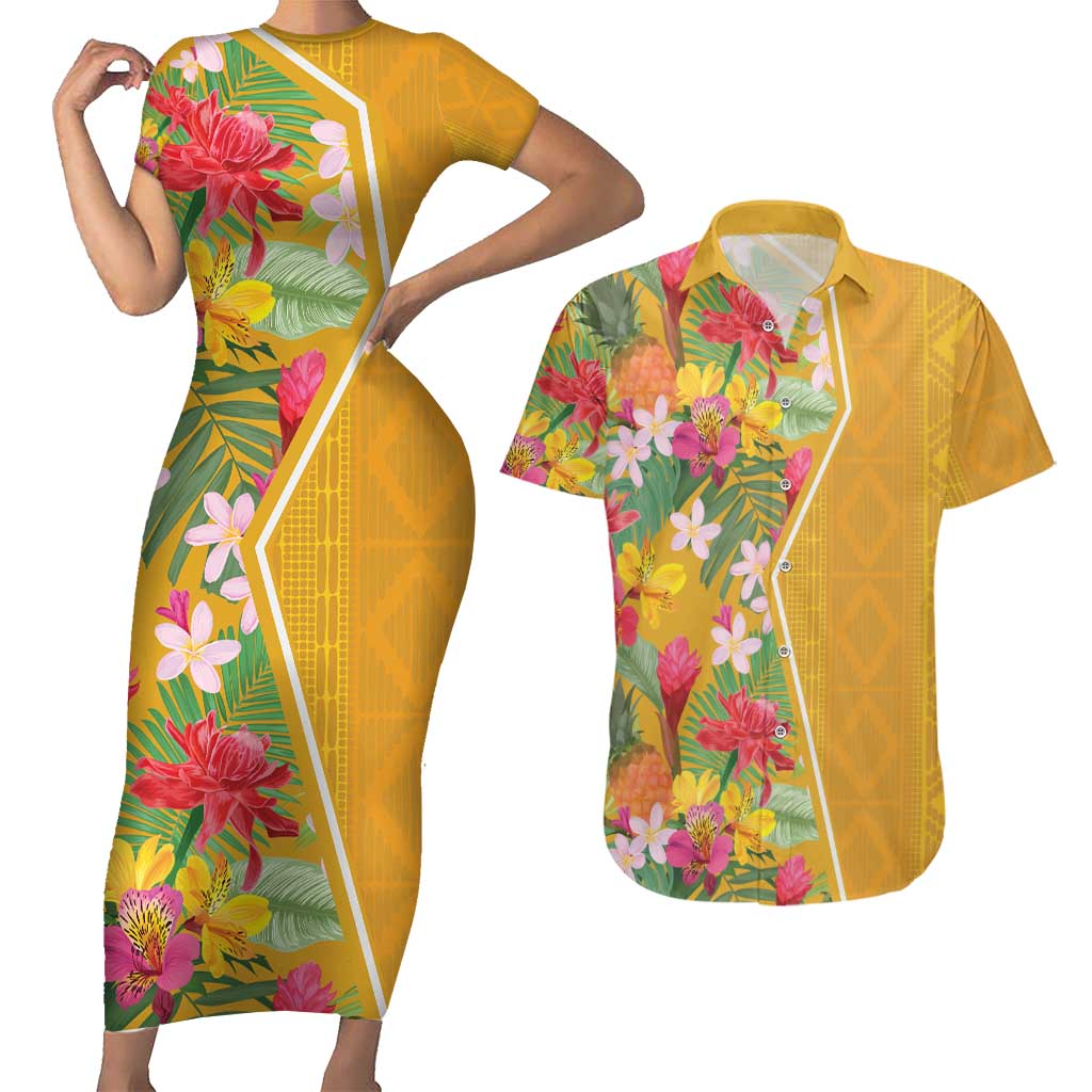 Africa Tropical Flowers Couples Matching Short Sleeve Bodycon Dress and Hawaiian Shirt Yellow Version - Wonder Print Shop