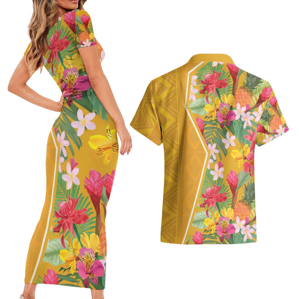 Africa Tropical Flowers Couples Matching Short Sleeve Bodycon Dress and Hawaiian Shirt Yellow Version - Wonder Print Shop